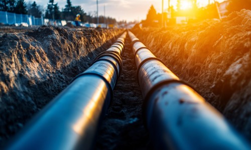 A close-up of sewer pipe sections being joined together in a trench, with sunlight casting shadows across the construction site and piles of excavated soil.